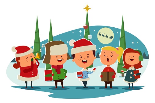 Christmas Caroling choir song carols. Vector winter background.